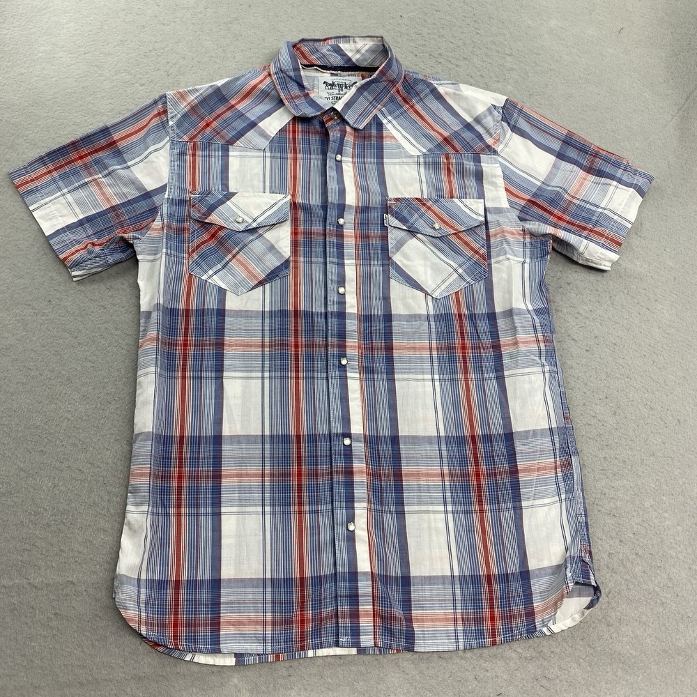 Levis Shirt Mens Large Blue Pearl Snap Western Cwowboy Rodeo Short Sleeve